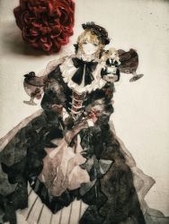 Rule 34 | 1girl, black dress, black gloves, black headwear, black neckwear, black ribbon, blonde hair, blue eyes, chinese commentary, commentary request, doll, dress, flower, ghost, glass, gloves, highres, lingjialiujiahaokeyishenglue, long sleeves, looking at viewer, lord of the mysteries, own hands together, red flower, red ribbon, red rose, ribbon, rose, sharron (lord of the mysteries), solo
