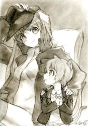 Rule 34 | 00s, 2girls, aged down, animal ears, bad id, bad pixiv id, highres, kisetsu, lynette bishop, monochrome, multiple girls, sepia, siblings, sisters, sketch, strike witches, strike witches: katayoku no majo-tachi, thighhighs, traditional media, wilma bishop, world witches series