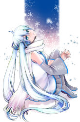 Rule 34 | 1girl, black thighhighs, blue eyes, blue hair, blue necktie, boots, commentary, detached sleeves, gradient hair, hair between eyes, hair ornament, hatsune miku, head tilt, headphones, headset, interlocked fingers, kagesaki yuna, long hair, looking up, multicolored hair, necktie, parted lips, pleated skirt, scarf, shirt, simple background, sitting, skirt, snow, snowflake print, snowflakes, solo, thigh boots, thighhighs, twintails, very long hair, vocaloid, white hair, white shirt, yuki miku, yuki miku (2011)