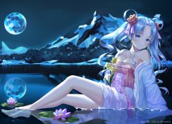 Rule 34 | 1girl, bad id, bad pixiv id, bare shoulders, barefoot, blue hair, blurry, blurry background, breasts, cleavage, closed mouth, collarbone, commentary request, depth of field, flower, full body, full moon, hair flower, hair ornament, hair rings, holding, holding flower, hyonee, lily pad, long hair, looking at viewer, lotus, medium breasts, moon, mountain, night, night sky, off shoulder, open clothes, original, outdoors, parted bangs, pink flower, purple eyes, red flower, red rose, reflection, rose, shallow water, sitting, sky, solo, strapless, very long hair, water, watermark, yellow flower