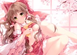 Rule 34 | 1girl, :o, absurdres, bare legs, bare shoulders, bed sheet, blush, bow, breasts, brown hair, cherry blossoms, detached sleeves, feet out of frame, frilled bow, frilled pillow, frilled shirt collar, frills, groin, hair bow, hair tubes, hakurei reimu, hand up, highres, indoors, lifted by self, long hair, long sleeves, looking at viewer, medium breasts, midriff, miniskirt, mochizuki shiina, navel, no bra, no panties, parted lips, petals, petticoat, pillow, red bow, red skirt, scan, shadow, simple background, sitting, skirt, skirt set, solo, stomach, thighs, touhou, underboob, very long hair, vest, vest lift, wavy hair, wide sleeves, window, yellow bow, yellow eyes, yellow neckwear