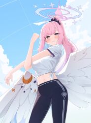 Rule 34 | 1girl, alternate costume, black pants, blue archive, blue sky, blush, closed mouth, cloud, cloudy sky, commentary request, daran9, feathered wings, halo, highres, looking at viewer, low wings, midriff, mika (blue archive), pants, pink hair, pink halo, shirt, short sleeves, sky, smile, solo, stretching, tied shirt, white shirt, white wings, wing ornament, wings, yellow eyes