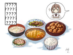 Rule 34 | 1girl, ahoge, apron, bowl, braid, brown apron, brown eyes, brown hair, comic, commentary, expressionless, food, hololive, hololive english, jitome, nanashi mumei, nanashi mumei (new year), rice bowl, short hair, signature, soup, sparkle, spoken character, steam, symbol-only commentary, taka t, tofu, virtual youtuber