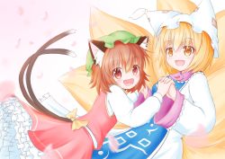 Rule 34 | 2girls, :d, animal ears, animal hat, blonde hair, blush, breasts, brown hair, chen, dress, fox ears, fox tail, from side, gold trim, hat, looking at viewer, medium breasts, mob cap, multiple girls, multiple tails, nekomata, open mouth, petals, mob cap, pink background, red skirt, red vest, short hair, skirt, smile, tabard, tail, touhou, two tails, uru (uru0301), vest, white dress, yakumo ran, yellow eyes