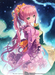 Rule 34 | 1girl, bell, bow, company name, copyright name, cowboy shot, floral print, frilled kimono, frills, from behind, from side, gradient background, green eyes, hair bell, hair bow, hair ornament, hair stick, highres, horns, japanese clothes, jingle bell, kankurou, kanzashi, kimono, long hair, long sleeves, looking at viewer, looking back, magic, monster collection, monster girl, official art, oni, original, pink hair, ponytail, ribbon, scroll, solo, thighhighs, tsumami kanzashi, very long hair, wide sleeves, yukata, zettai ryouiki