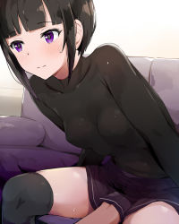 Rule 34 | 1girl, black hair, black leotard, black skirt, blunt bangs, blush, breasts, closed mouth, couch, covered collarbone, covered erect nipples, hand under clothes, hand under skirt, highres, idolmaster, idolmaster cinderella girls, implied fingering, leaning forward, leotard, looking away, on couch, out of frame, over-kneehighs, pleated skirt, purple eyes, seneto, shirayuki chiyo, sidelocks, sitting, skirt, small breasts, solo focus, sweat, thighhighs