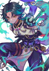 Rule 34 | 1boy, armor, bead necklace, beads, black gloves, black hair, diamond-shaped pupils, diamond (shape), facial mark, forehead mark, genshin impact, gloves, green hair, haru4aki, highres, jewelry, looking at viewer, male focus, multicolored hair, necklace, parted bangs, pendant, short hair with long locks, shoulder armor, shoulder pads, shoulder spikes, sidelocks, single bare shoulder, solo, spikes, symbol-shaped pupils, two-tone hair, xiao (genshin impact), yellow eyes