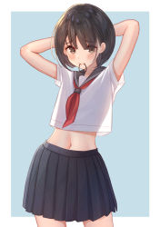 Rule 34 | 1girl, adjusting hair, arms behind head, arms up, bad id, bad pixiv id, black hair, blue background, blue skirt, blush, bob cut, breasts, brown eyes, contrapposto, cowboy shot, embarrassed, hair strand, hairband, unworn hairband, highres, midriff, mouth hold, navel, neckerchief, original, outside border, pleated skirt, red neckerchief, school uniform, see-through silhouette, serafuku, short hair, short sleeves, skirt, small breasts, solo, tanbonota46