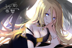Rule 34 | 1girl, blonde hair, blue eyes, breasts, cleavage, collar, collarbone, hair between eyes, lily (vocaloid), long hair, looking at viewer, medium breasts, off shoulder, parted lips, sleeveless, solo, very long hair, vocaloid, yuuki kira