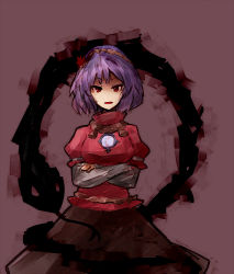 Rule 34 | 1girl, black skirt, breast hold, breasts, brooch, brown background, cowboy shot, crossed arms, expressionless, hairband, head tilt, jewelry, long skirt, long sleeves, looking at viewer, masa (neku), open mouth, puffy sleeves, purple hair, red background, red eyes, shadow, simple background, sketch, skirt, snake, solo, standing, touhou, upper body, yasaka kanako