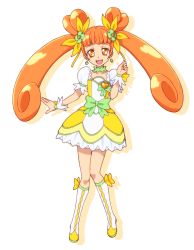 Rule 34 | 1girl, boots, collarbone, cure rosetta, dokidoki! precure, dress, drop shadow, earrings, female focus, flat chest, full body, hair ornament, hand up, happy, highres, jewelry, knee boots, knees together feet apart, long hair, looking at viewer, magical girl, matching hair/eyes, multicolored clothes, multicolored dress, multicolored footwear, open mouth, orange eyes, orange hair, precure, puffy short sleeves, puffy sleeves, short sleeves, silhouette, simple background, smile, solo, standing, tellzeta, twintails, white background, wrist cuffs, yotsuba alice