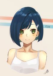 Rule 34 | 1girl, absurdres, artist name, asymmetrical hair, bare shoulders, blue background, blue hair, blunt ends, blush, breasts, character name, close-up, closed mouth, collarbone, commentary, cropped torso, darling in the franxx, dress, gagano91, green eyes, hair ornament, hairclip, highres, ichigo (darling in the franxx), light smile, looking at viewer, portrait, red background, short hair, signature, sleeveless, sleeveless dress, small breasts, smile, solo, sundress, swept bangs, upper body, white background, white dress