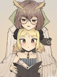 Rule 34 | 2girls, arknights, armband, blonde hair, book, brown hair, commentary request, demon horns, feather hair, glasses, highres, horns, ifrit (arknights), material growth, multiple girls, oripathy lesion (arknights), owl ears, radioneet, reading, rhine lab logo, silence (arknights), teaching