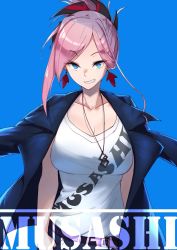 Rule 34 | 1girl, belt, blue background, blue eyes, blue pants, breasts, character name, cleavage, clothes writing, commentary request, contrapposto, denim, earrings, fate/grand order, fate (series), grin, hair ornament, highres, jacket, jacket on shoulders, jeans, jewelry, large breasts, long hair, looking at viewer, miyamoto musashi (fate), necklace, pants, parted bangs, pink hair, ponytail, purple jacket, sawawse, shirt, simple background, smile, solo, standing, thumb in pocket, white shirt