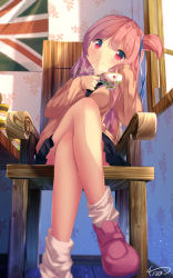 Rule 34 | 1girl, black necktie, black skirt, blunt bangs, blush, breasts, chair, closed mouth, collared shirt, crossed legs, cup, day, flag, floral print, hair ornament, hair ribbon, hand on own cheek, hand on own face, head on hand, head rest, head tilt, highres, holding, holding cup, indoors, jacket, jar, kotonoha akane, long hair, long sleeves, looking at viewer, loose socks, marmite, mokachino, necktie, one side up, pink eyes, pink footwear, pink hair, pleated skirt, red eyes, ribbon, shirt, shoes, signature, sitting, skirt, sleeves past wrists, smile, socks, solo, steam, sunlight, table, teacup, thighhighs, union jack, voiceroid, white shirt, white socks, window, wing collar