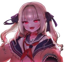 1girl ayumanai blush collar fangs grey_hair hair_ribbon jacket long_hair looking_at_viewer makaino_ririmu makaino_ririmu_(5th_costume) multicolored_hair nijisanji open_clothes open_jacket open_mouth pink_hair pink_jacket pointy_ears red_collar red_eyes ribbon school_uniform serafuku simple_background smile solo two-tone_hair upper_body virtual_youtuber white_background