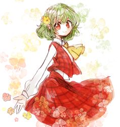 Rule 34 | 1girl, ascot, blush, closed mouth, collared shirt, cowboy shot, floral background, flower, from side, green hair, hair flower, hair ornament, happy, kazami yuuka, long sleeves, looking at viewer, looking to the side, no pupils, open clothes, open vest, plaid, plaid skirt, plaid vest, red eyes, red skirt, red vest, shirt, short hair, sketch, skirt, smile, solo, tama (hiroshige 36), touhou, vest, white background, white shirt, wind, yellow ascot