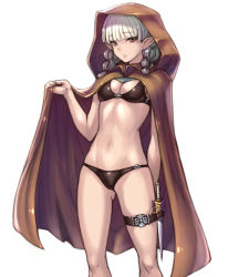 Rule 34 | 1girl, :/, bikini, black bikini, braid, breasts, brown eyes, cleavage, cloak, closed mouth, cowboy shot, dragon&#039;s crown, elf, elf (dragon&#039;s crown), eyebrows, gluteal fold, groin, holster, hood, hooded cloak, katagiri (a1466502), knife, looking at viewer, navel, pointy ears, short hair, silver hair, small breasts, solo, stomach, swimsuit, thigh holster, twin braids, white background