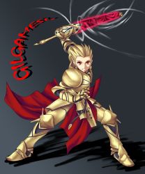 Rule 34 | 00s, 1boy, armor, character name, drill, fate/stay night, fate (series), fighting stance, gilgamesh (fate), gradient background, male focus, ready to draw, solo