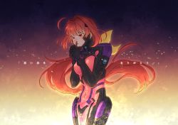 Rule 34 | 1girl, ahoge, blush, breasts, covered navel, floating hair, fortified suit, hair ribbon, half-closed eyes, kagami sumika, long hair, medium breasts, muv-luv, muv-luv alternative, own hands together, pilot suit, red eyes, red hair, ribbon, sakaisen, skin tight, solo, very long hair, yellow ribbon