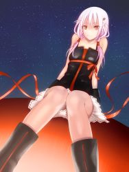 Rule 34 | 10s, 1girl, bare shoulders, boots, breasts, dress, facing viewer, feet out of frame, guilty crown, hair ornament, hair over shoulder, hairclip, highres, knees together feet apart, long hair, looking at viewer, night, pink hair, red eyes, shokushi yuu, sky, smile, solo, star (sky), starry sky, twintails, yuzuriha inori