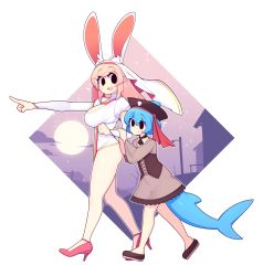 Rule 34 | 2girls, :d, absurdres, animal ear fluff, animal ears, arm grab, bare legs, blue hair, braid, breasts, commentary, crown braid, dress, english commentary, fins, fish tail, fiz (fizintine), fizintine, full body, full moon, habit, hat, height difference, high heels, highres, juliet sleeves, large breasts, long hair, long sleeves, moon, multiple girls, no pupils, open mouth, original, outstretched arm, pink footwear, pink hair, pirate hat, pointing, puffy sleeves, rabbit ears, rabbit girl, shark tail, shoes, short hair, smile, tail, tori (fizintine), walking, wide sleeves