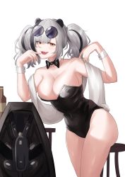 Rule 34 | 1girl, absurdres, alternate costume, animal ears, arknights, black bow, black bowtie, black hair, black leotard, bow, bowtie, breasts, cleavage, collar, cowboy shot, detached collar, eyewear on head, fake tail, fangs, feater (arknights), grey hair, hands up, highres, large breasts, leotard, long hair, multicolored hair, open mouth, orange eyes, panda ears, panda girl, playboy bunny, rabbit tail, scarf, short eyebrows, simple background, skin fangs, solo, stool, strapless, strapless leotard, streaked hair, sunglasses, tail, thick eyebrows, thighs, tofu (killer150), twintails, white background, white collar, white scarf, white wrist cuffs, wrist cuffs