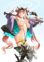 Rule 34 | 1girl, android, bare shoulders, baseball bat, bikini, blush, breasts, blowing bubbles, chewing gum, double bun, extra arms, hair bun, halo, headgear, highres, holding, holding baseball bat, ihobus, jacket, joints, large breasts, long hair, looking at viewer, mechanical arms, mechanical legs, navel, off shoulder, original, red hair, robot joints, skindentation, solo, spiked bat, star (symbol), star print, stomach, swimsuit, thighs, twintails, v, very long hair, w