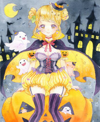 Rule 34 | 1girl, absurdres, amu (m aa), arms at sides, bat (animal), black cape, breasts, cape, castle, corset, crescent moon, double bun, eyeball earrings, garter straps, ghost, hair bun, halloween, hat, highres, jack-o&#039;-lantern, large breasts, marker (medium), mini hat, mini witch hat, moon, orange eyes, orange shorts, original, painting (medium), puffy shorts, red ribbon, ribbon, short hair, shorts, sitting, solo, striped clothes, striped thighhighs, thighhighs, traditional media, watercolor (medium), witch hat