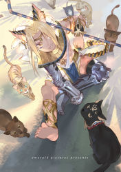 Rule 34 | 1girl, animal ears, animal focus, ankh, barefoot, blonde hair, bracelet, cat, cat ears, circlet, edward elric, egyptian clothes, emmmerald, fullmetal alchemist, holding, jewelry, kemonomimi mode, looking at viewer, male focus, mechanical arms, mechanical legs, pelvic curtain, single mechanical arm, sitting, smile, solo, staff, yellow eyes