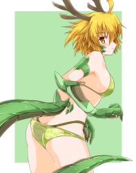 Rule 34 | 1girl, ass, bikini, blonde hair, border, breasts, butt crack, claws, closed mouth, dragon girl, dragon horns, dragon tail, floral print, g (genesis1556), green background, green bikini, highres, horns, looking at viewer, looking back, medium breasts, monster girl, orange eyes, original, sideboob, simple background, solo, standing, swimsuit, tail, white border