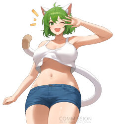 Rule 34 | 1girl, ahoge, animal ear fluff, animal ears, breasts, brown fur, cat ears, cat girl, cat tail, cleavage, commission, crop top, fangs, green eyes, green hair, large breasts, medium hair, multicolored fur, navel, nhaliz, one eye closed, open mouth, original, shorts, simple background, smile, solo, tail, watermark, white background, white fur