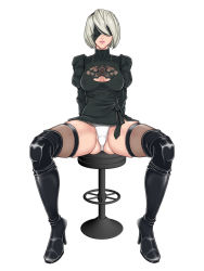 Rule 34 | 1girl, black dress, blindfold, boots, cleavage cutout, clothing cutout, dress, female pubic hair, full body, high heel boots, high heels, highres, leotard, leotard under clothes, nier (series), nier:automata, pubic hair, pubic hair peek, short hair, simple background, solo, thigh boots, thighhighs, thighs, toni, tonykurabu, upskirt, white background, white hair, white leotard, 2b (nier:automata)