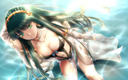 Rule 34 | 1girl, alternate costume, aqua eyes, aqua hair, arm at side, arm behind back, arm up, armlet, bare shoulders, belt, blue bow, blunt bangs, bow, breasts, choker, cleavage, cleopatra (fate), closed mouth, detached sleeves, dutch angle, earrings, egyptian, eques (artist), eyelashes, eyeliner, eyes visible through hair, facing away, fate/grand order, fate (series), flower, from above, hairband, hoop earrings, jewelry, lips, long hair, long sleeves, looking at viewer, makeup, medium breasts, midriff, navel, one-piece swimsuit, sitting, smile, solo, straight hair, swimsuit, tsurime, very long hair, wading, water, white belt, white choker, yellow hairband