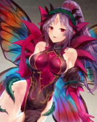 Rule 34 | 1girl, breasts, elbow gloves, fairy wings, fire emblem, fire emblem heroes, gloves, grey hair, jurge, large breasts, long hair, nintendo, parted lips, plant, plumeria (fire emblem), ponytail, red eyes, red gloves, solo, vines, wings