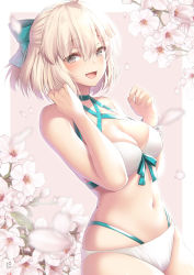 Rule 34 | 1girl, ahoge, aqua bow, bare shoulders, bikini, blonde hair, blush, bow, breasts, cherry blossoms, cleavage, collarbone, cowboy shot, fate/grand order, fate (series), flower, front-tie bikini top, front-tie top, grey eyes, half updo, halterneck, hand in own hair, highres, large breasts, looking at viewer, multi-strapped bikini, navel, okita j. souji (fate), okita j. souji (third ascension) (fate), okita souji (fate), okita souji (koha-ace), open mouth, petals, pink background, smile, solo, stomach, suzuki nene, swimsuit, white bikini