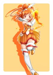 Rule 34 | 10s, 1girl, cpro, cure sunny, fire, hair bun, hino akane (smile precure!), magical girl, orange background, orange eyes, orange hair, orange skirt, orange theme, precure, red shorts, short hair, shorts, shorts under skirt, single hair bun, skirt, smile precure!, solo, standing, standing on one leg, thighhighs, white thighhighs
