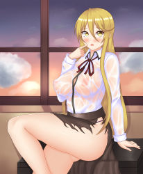 Rule 34 | 1girl, absurdres, arm support, ass, bad id, bad pixiv id, blonde hair, blush, breasts, brown skirt, covered erect nipples, evening, hair between eyes, highres, highschool of the dead, indoors, keshigomu, large breasts, long hair, long skirt, long sleeves, looking at viewer, marikawa shizuka, no bra, open mouth, panties, pointing, pointing at self, purple panties, ribbon, see-through, shirt, sitting, skirt, sky, solo, star (sky), starry sky, thighs, torn clothes, torn skirt, underwear, very long hair, wet, wet clothes, white shirt, window, yellow eyes
