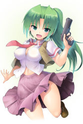 Rule 34 | 1girl, blouse, breasts, cleavage, collared shirt, commentary request, curvy, gluteal fold, green eyes, green hair, gun, handgun, higurashi no naku koro ni, kurogarasu, large breasts, looking at viewer, navel, necktie, pistol, ponytail, red necktie, shirt, smile, solo, sonozaki mion, stomach, thick thighs, thighs, unbuttoned, vest, weapon, white shirt