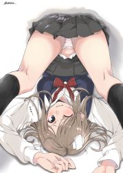 Rule 34 | 1girl, absurdres, amu (258shin), black skirt, black socks, blue eyes, blue sweater, blush, bow, bowtie, brown hair, clenched teeth, commentary request, dress shirt, falling, highres, kneehighs, kneepits, long hair, looking at viewer, loose bowtie, messy hair, motion blur, multiple girls, nail polish, one eye closed, original, panties, pantyshot, parted lips, pink nails, pleated skirt, school uniform, shadow, shirt, skirt, socks, solo, spread legs, striped bow, striped bowtie, striped clothes, striped neckwear, sweatdrop, sweater, teeth, underwear, upside-down, white shirt