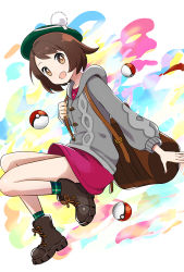 Rule 34 | 1girl, abe kanari, backpack, bag, bob cut, boots, brown bag, brown eyes, brown footwear, brown hair, buttons, cardigan, collared dress, commentary, creatures (company), dress, game freak, gloria (pokemon), green hat, green socks, grey cardigan, hat, highres, holding strap, hooded cardigan, looking at viewer, nintendo, open mouth, pink dress, plaid, plaid legwear, poke ball, poke ball (basic), pokemon, pokemon swsh, short hair, smile, socks, solo, tam o&#039; shanter