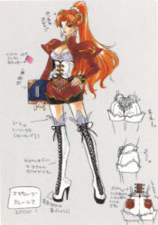 Rule 34 | 1girl, alternate costume, book, boots, breasts, bustier, cleavage, cleavage cutout, clothing cutout, concept art, corset, cross-laced footwear, earrings, game arts, grandia, grandia ii, hand on own hip, high heels, high ponytail, hip focus, jewelry, kanoe youshi, knee boots, large breasts, legs, long legs, millenia (grandia), official art, ponytail, red hair, shoes, solo, teacher, thigh boots, thighhighs, thighs, white thighhighs