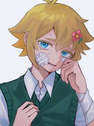 Rule 34 | 0tz026, 1boy, bandage on face, bandaged arm, bandages, basil (faraway) (omori), basil (omori), blonde hair, blue eyes, collared shirt, crying, crying with eyes open, flower, green sweater vest, hair flower, hair ornament, highres, looking at viewer, male focus, omori, open mouth, shirt, short hair, short sleeves, simple background, solo, sweater vest, tears, tongue, upper body, white background, white shirt