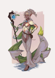 Rule 34 | 1girl, bigrbear, blonde hair, breasts, breasts apart, cameltoe, capelet, clothing cutout, dark elf, dark skin, dark-skinned female, detached sleeves, elbow gloves, elf, covered erect nipples, flower, full body, gloves, green capelet, hand on own hip, high heels, highres, holding, holding staff, leotard, medium breasts, multicolored capelet, navel, navel cutout, open pants, original, pants, parted lips, pink background, pointy ears, ponytail, pouch, sandals, single glove, smile, snake, solo, staff, standing, white capelet, white gloves, white leotard, white pants