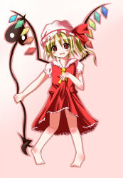 Rule 34 | 1girl, :d, ascot, barefoot, blonde hair, blush, body blush, clothes lift, dress, dress lift, feet, female focus, flandre scarlet, full body, gradient background, hair between eyes, hat, hat ribbon, head tilt, holding, kazura, kazuura, laevatein, legs, long image, looking at viewer, mob cap, open mouth, pigeon-toed, pink background, ponytail, puffy sleeves, red eyes, ribbon, shiny skin, short hair, short sleeves, simple background, skirt, skirt lift, smile, solo, standing, tall image, toes, touhou, weapon, wings