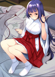 Rule 34 | 1girl, arm support, bare legs, blunt bangs, breasts, clothes lift, commentary request, futon, hakama, hakama lift, hakama skirt, half-closed eyes, hand up, highres, indoors, japanese clothes, kawamura tsukasa, kimono, knees up, legs, light smile, long hair, long sleeves, looking at viewer, medium breasts, miko, no shoes, on floor, original, pillow, purple eyes, purple hair, red hakama, sidelocks, sitting, skirt, socks, solo, sweat, tabi, tatami, white kimono, white socks, wide sleeves