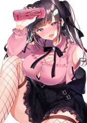 Rule 34 | 1girl, 2021, absurdres, bare shoulders, black bow, black hair, black skirt, blouse, blunt bangs, bow, breasts, brooch, buckle, can, cleavage, cleavage cutout, clothing cutout, cowboy shot, ear piercing, earrings, fang, fishnet thighhighs, fishnets, frilled shirt, frilled skirt, frills, half-closed eyes, heart, heart-shaped buckle, heart-shaped pupils, heart cutout, heart earrings, high-waist skirt, highres, jewelry, jirai kei, lace, lace-trimmed collar, lace-trimmed skirt, lace trim, large breasts, long hair, monster energy, multicolored hair, nenobi (nenorium), original, partially unbuttoned, piercing, pink hair, pink shirt, purple eyes, shirt, sidelocks, simple background, sitting, skin fang, skirt, solo, strap, streaked hair, swept bangs, symbol-shaped pupils, thighhighs, tongue, tongue out, tongue piercing, two side up, white background