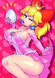 Rule 34 | 1girl, birdo, bow, breasts, choker, cleavage, diamond ring, dress, egg, eyelashes, eyeshadow, genderswap, genderswap (mtf), hair bow, heart, heart background, impossible clothes, jewelry, kisuu, large breasts, looking at viewer, makeup, mario (series), mole, mole under mouth, new super mario bros. u deluxe, nintendo, ornate ring, pink background, pink bow, ponytail, princess peach, ring, solo, standing, standing on one leg, super crown, tail, thighs, wedding ring