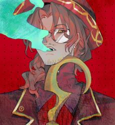 Rule 34 | 1boy, beard stubble, brown eyes, brown hair, earrings, facial hair, glasses, gregor (project moon), highres, hook hand, jewelry, limbus company, looking at viewer, low ponytail, moufuku001, portrait, project moon, red background, simple background, smoke, solo, stubble