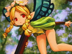 Rule 34 | 1girl, blonde hair, bow (weapon), braid, butterfly wings, crossbow, fairy, flower, hair flower, hair ornament, head wreath, insect wings, mercedes (odin sphere), odin sphere, pointy ears, puff and slash sleeves, puffy sleeves, red eyes, shigatake, solo, twin braids, weapon, wings